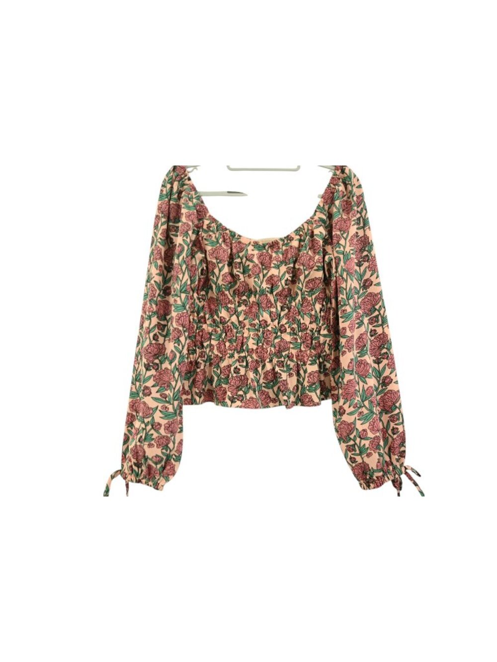Better Unsaid Long Sleeve Smocked Blouse Sz L Pink Floral Peasant Boho Chic